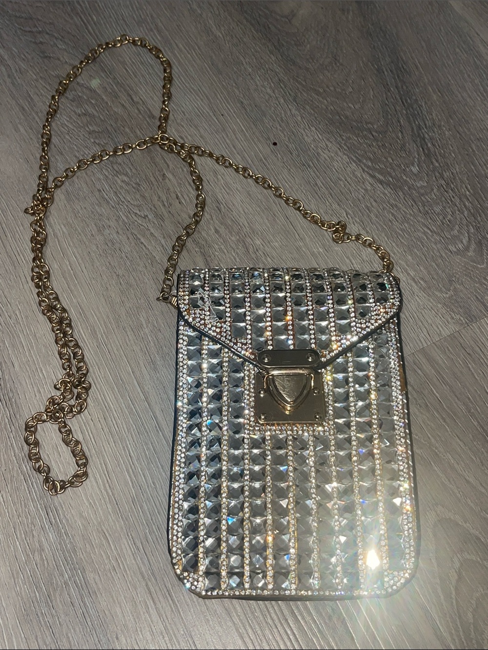 Silver Rhinestone Crossbody Phone Bag with Gold Chain